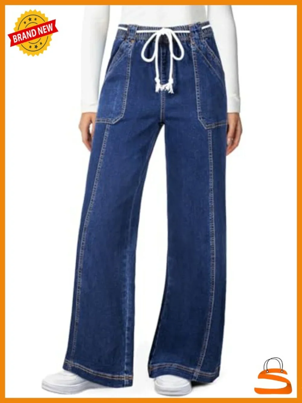Wide Leg High Waisted Drawstring Straight Leg Jeans with Pockets